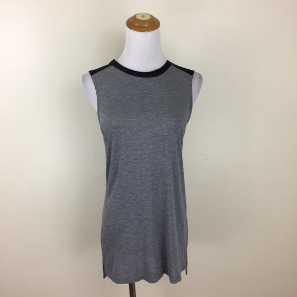 VINCE Gray Jersey Black Silk Trim Colorblock Slit Hem Sleeveless High Neck Top - Picture 7 of 15